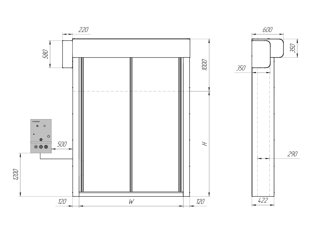 Общий вид ворот с приводом сбоку (привод слева / привод справа) без системы подогрева
